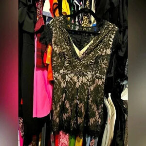 NWOT Black Lace Champagne Satin Mini Dress